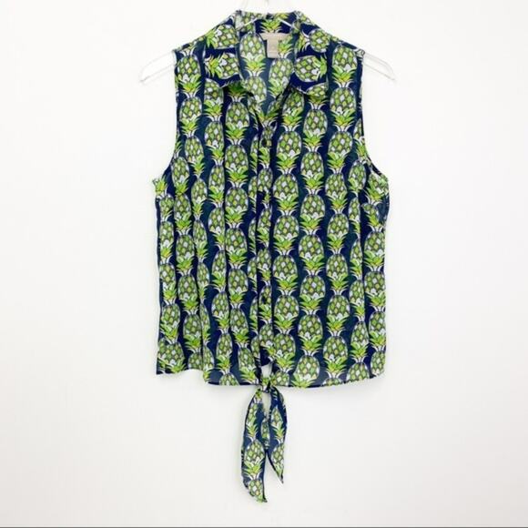 BANANA Republic Womens Size XS Pineapple Print Tie Blouse Preppy Resort Beach - Picture 2 of 8
